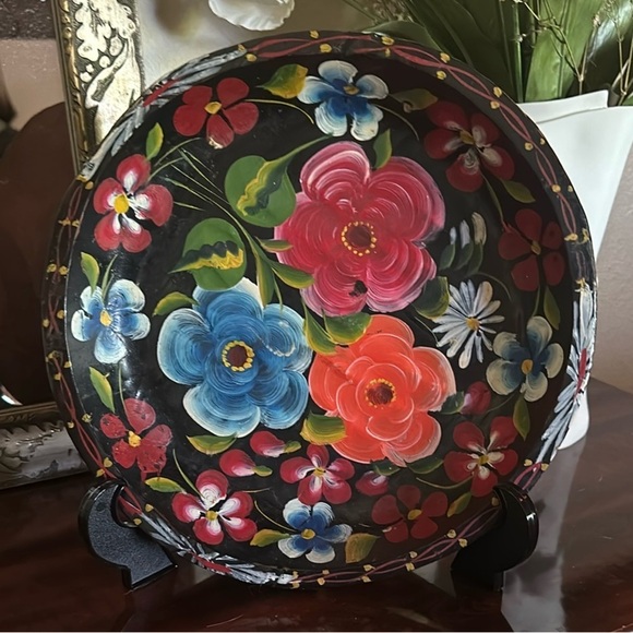 Vintage Mexican Batea Hand Painted Tole Tray Wood Folk Art Bowl Colorful Floral - Picture 4 of 4